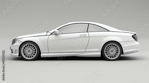 Side view of a generic white luxury coupe car on a white background. The car is sleek and stylish, with a long hood and a short trunk. © Farm