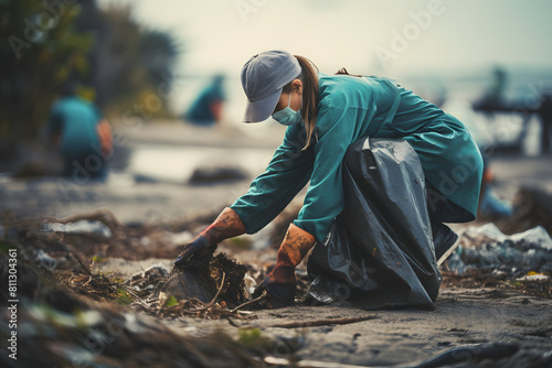 Environmental volunteer cleaning up a muddy beach, focusing on the hands as they gather and sort garbage, promoting the spirit Generative AI,