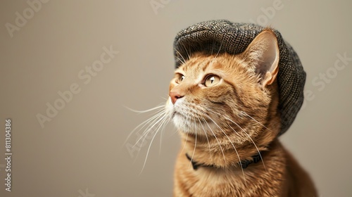 A ginger cat wearing a tweed hat is looking to the right of the frame. The cat has its mouth closed and is looking very serious. photo