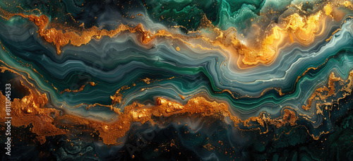 Abstract fluid art  dark teal and gold colors swirl  emerald green and black marble texture. Created with Ai 