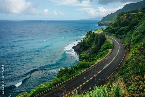 A scenic view of a road winding through a coastal landscape with the ocean in the background, A road trip adventure with stops at scenic lookout points