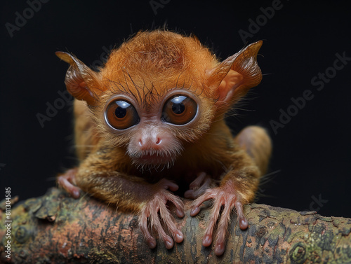 Captivating tarsier monkey clings to a tree branch, showcasing its large, expressive eyes and distinctive furry appearance against a dark backdrop © Frank Gärtner