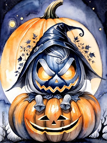 Cute jack o' lantern halloween painting generative AI illustration photo