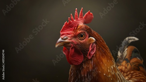 A close-up of a rooster's head. The rooster is looking at the camera with its beak slightly open.