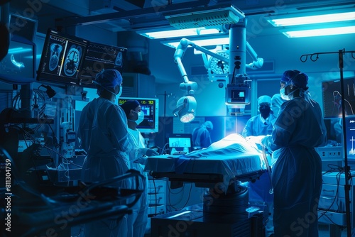 Doctors standing around a hospital bed, discussing patients condition, A robot-assisted surgery being performed in a state-of-the-art operating room