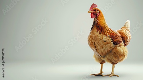 A beautiful hen with brown feathers and a red comb stands in front of a white background. The hen is looking to the left of the frame. photo