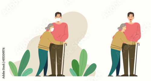 Man take care of old woman, Concept of grandson or son look after his grandmother or mother, male nurse take care of patient, helping elder during COVID19 pandemic. Flat vector illustration character.