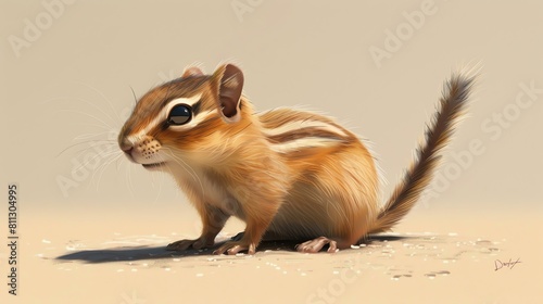 A cute chipmunk is sitting on the ground. It has big eyes and a bushy tail. The chipmunk is looking at the camera. It is standing on all four legs.