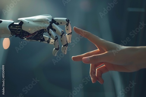 Two hands, one robotic and one human, reaching out towards each other, A robotic hand reaching out to touch a human hand in a symbolic gesture of connection
