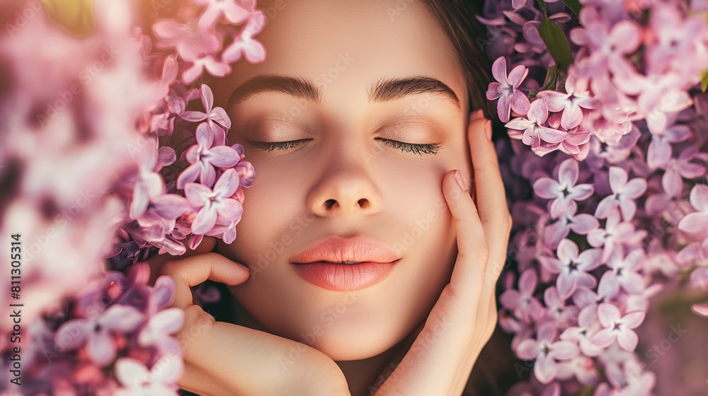 Serene Woman Embraced by Bloom of Lilac Bushes on a Spring Day