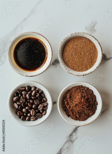 Three Small Bowls Filled With Different Types of Coffee