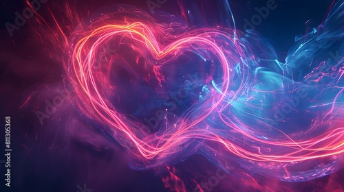 Dynamic neon backdrop pulsates with a stylized heart formed by intertwined lines