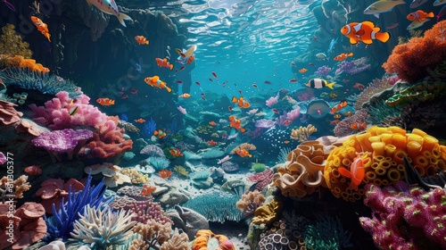 colorful coral garden bustling with marine life like clownfish, wrasses, and dottybacks, natural lighting realistic