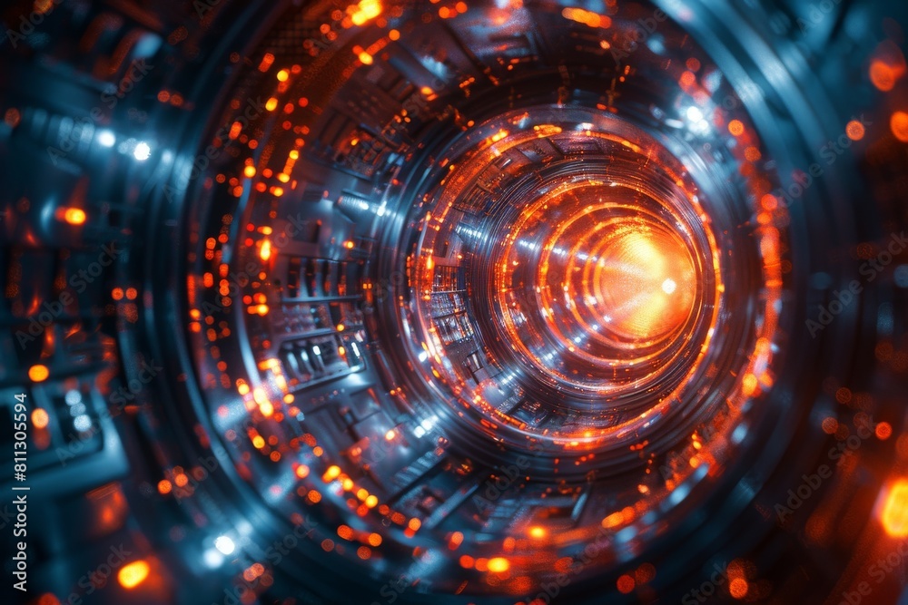 This image shows an illuminated tunnel with bright, warm lights that give a sense of acceleration towards the future This image shows an illuminated tunnel with bright, warm lights that give a sense of acceleration towards the future