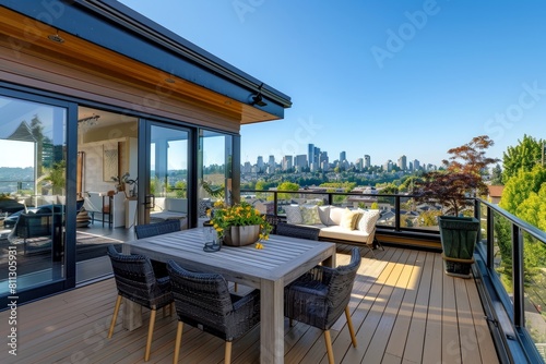 A rooftop patio overlooking the city with a table and chairs set up for outdoor dining  A rooftop terrace with sweeping views of the city skyline