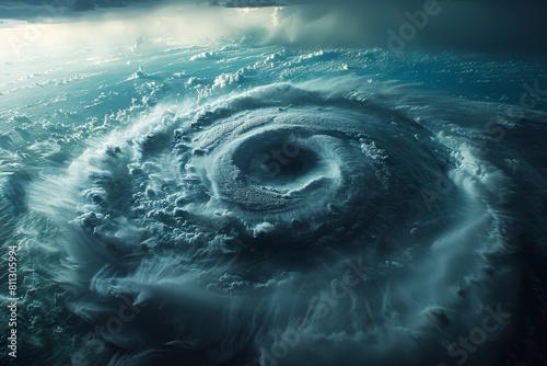 An awe-inspiring image captured from above shows the immense power and beauty of a natural hurricane with clouds swirling
