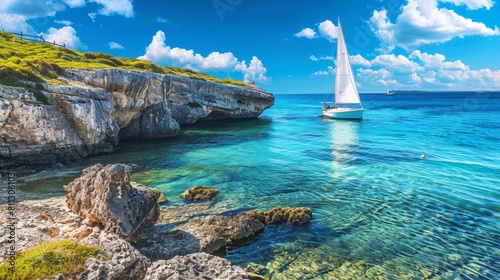 Beautiful beach with sailing boat yacht, Menorca island, Spain