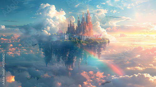 A floating city suspended high above the clouds  where graceful winged beings dwell in harmony with the elements  their homes and gardens carved from clouds and rainbows