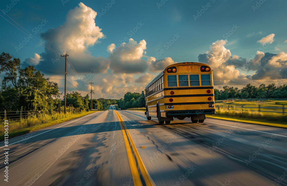 Obraz premium Yellow School Bus Driving Down Rural Road