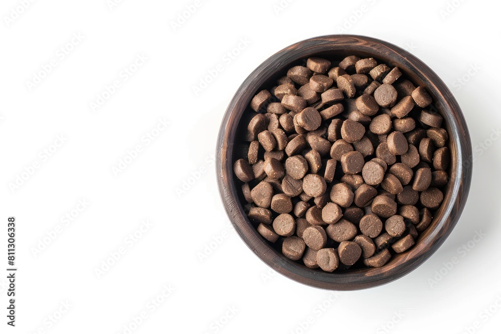 A bowl of dog food with many small pieces of food in it with copy space A bowl of dog food with many small pieces of food in it with copy space