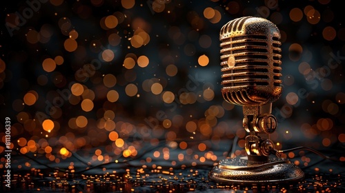 image Illustration of a microphone on a black background. Background for flyers, banners, billboards photo