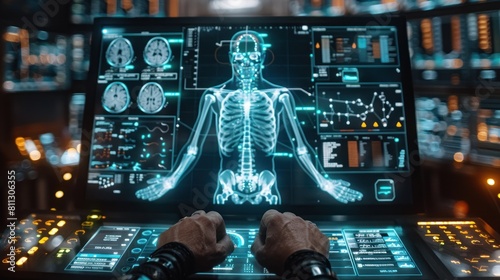 human body graphics with skeleton scan digital science interface and biological infographics photo