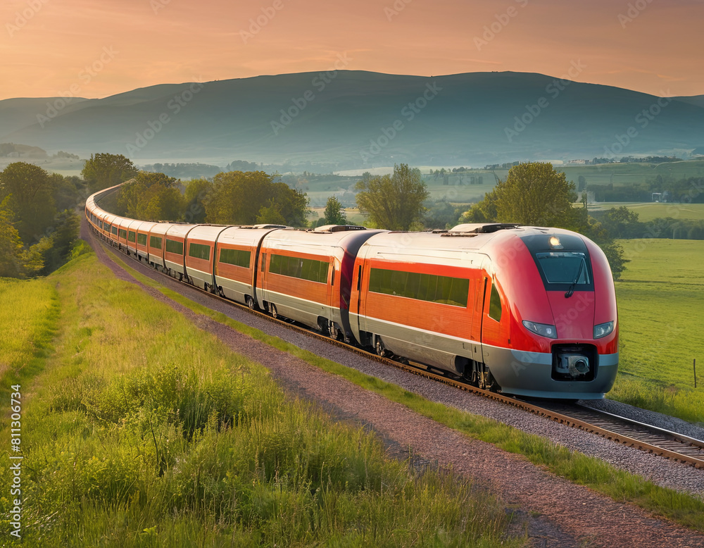 Fototapeta premium A red and white train is moving down train tracks, displaying its vibrant colors against the industrial backdrop of the railway infrastructure.