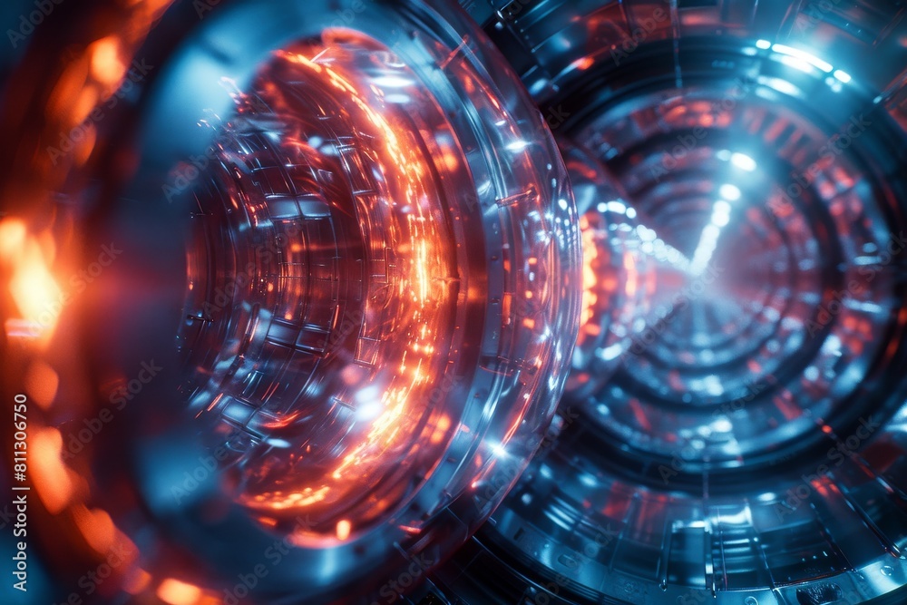 An abstract digital art of a futuristic tunnel with vibrant blue and red neon lights and energy pulses An abstract digital art of a futuristic tunnel with vibrant blue and red neon lights and energy pulses