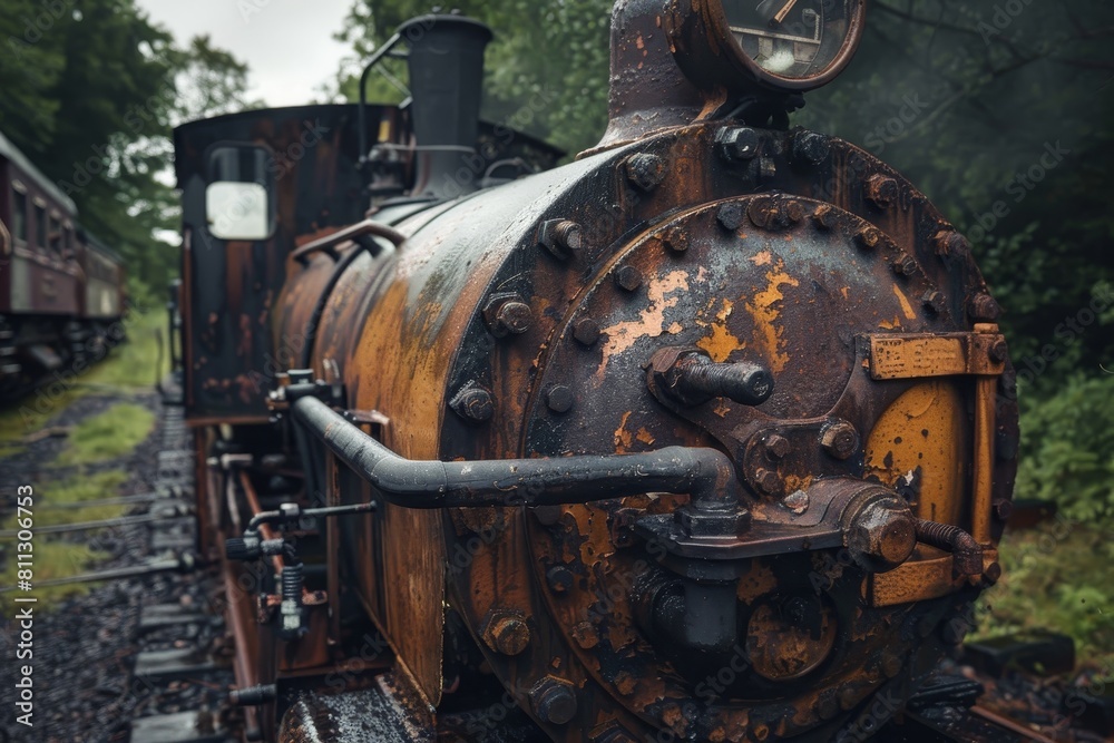 A weathered train engine covered in rust sits abandoned on the railway tracks, A rusted and weathered apparatus with a sense of history and character A weathered train engine covered in rust sits abandoned on the railway tracks, A rusted and weathered apparatus with a sense of history and character