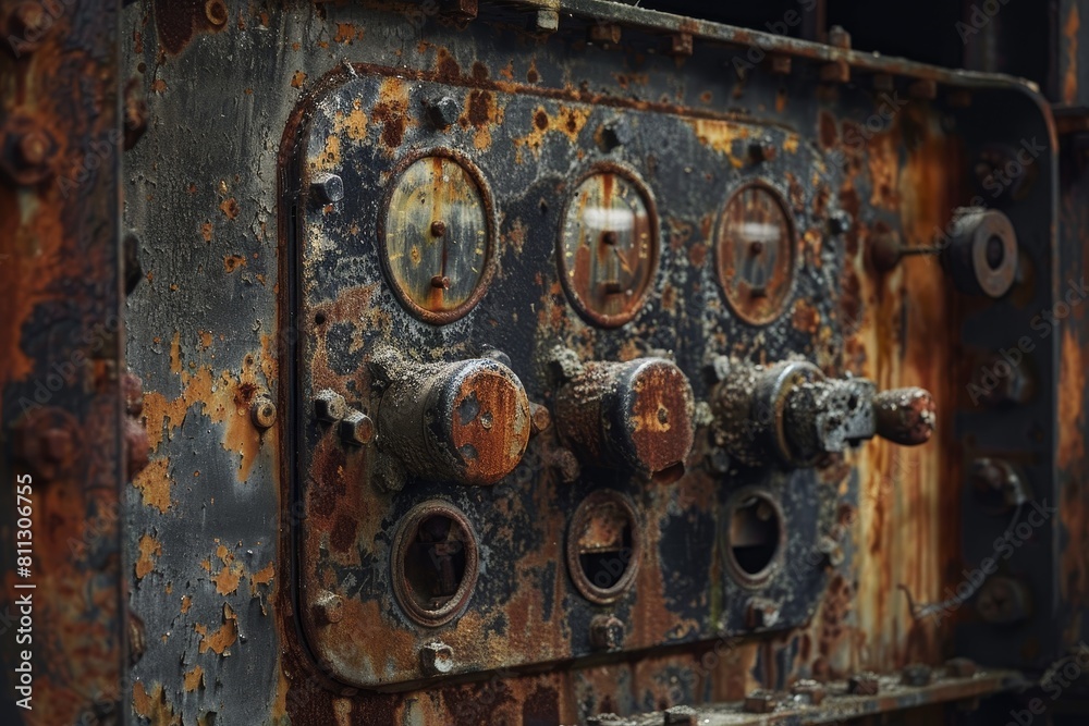 Weathered metal box with four knobs showing signs of age and rust, A rusted and weathered apparatus with a sense of history and character Weathered metal box with four knobs showing signs of age and rust, A rusted and weathered apparatus with a sense of history and character