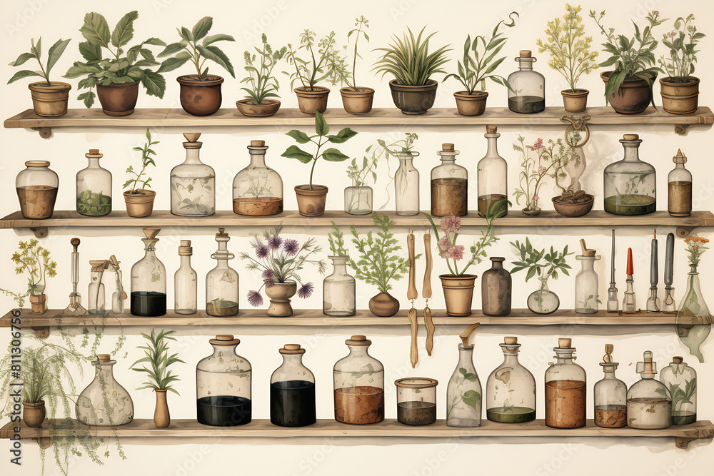 Vintage Apothecary Shelf with Botanicals and Herbal Remedies