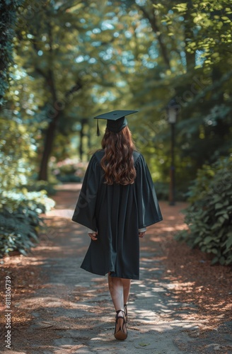 Graduating Woman Walks Down Path