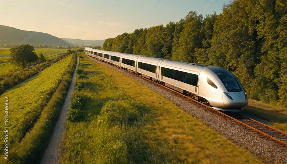 Fototapeta premium A silver train is seen traveling through the vibrant green landscape of the countryside, surrounded by lush vegetation and rolling hills.
