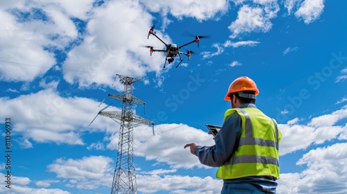 Wallpaper Mural A skilled engineer, adorned in a high visibility vest and hard hat, meticulously maneuvering a drone to inspect an electrical power line tower against the backdrop of a daylight sky Torontodigital.ca