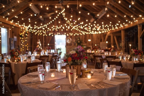 A wooden table adorned with a vase of flowers and lit candles  setting the scene for a rustic barn wedding  A rustic barn wedding with string lights and mason jar centerpieces