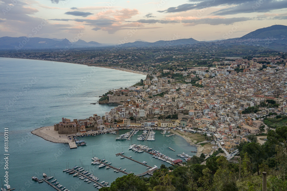 Aerial view on the harbor of the town of Castellammare del Golfo in the Trapani province of Sicily, Italy, Europe