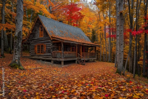 A log cabin nestled in the woods, surrounded by vibrant fall leaves, A rustic cabin surrounded by a forest of autumn leaves