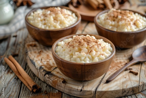 Creamy Rice Pudding with Cinnamon on Wooden Background. Delicious Homemade Dessert in a Bowl photo