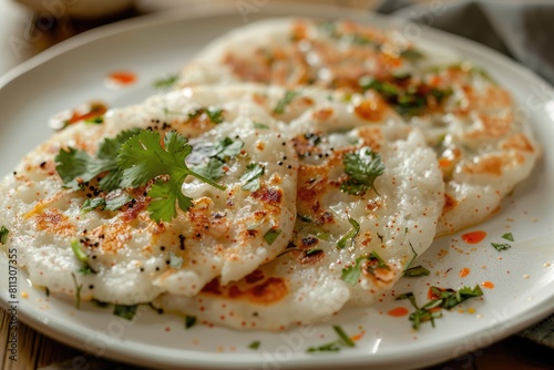 Closeup of Vegetarian Indian Meal: 2 Onion Uttapam with Coconut Chutney, Served in White Ceramic photo