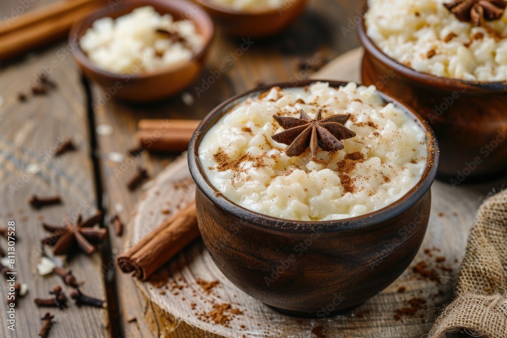 Delicious Homemade Arroz con Leche. Creamy Rice Pudding with Cinnamon and Milk in a Sweet Dessert Delicious Homemade Arroz con Leche. Creamy Rice Pudding with Cinnamon and Milk in a Sweet Dessert
