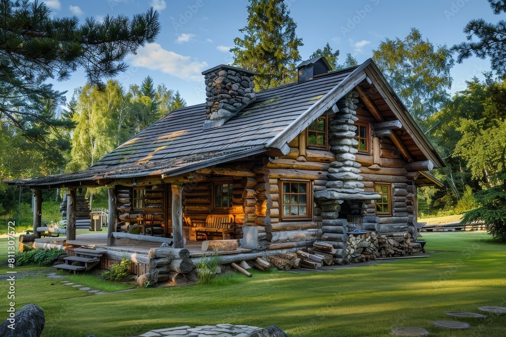 A log cabin with a stone fireplace sits in the middle of a grassy field ...