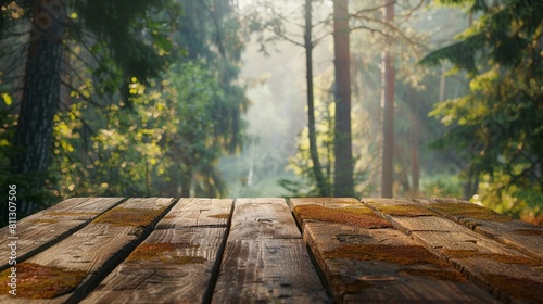 Beautiful blurred boreal forest background view with empty rustic wooden table for mockup product display. Picnic table with customizable space on table-top for editing. Flawless Eco nature design photo