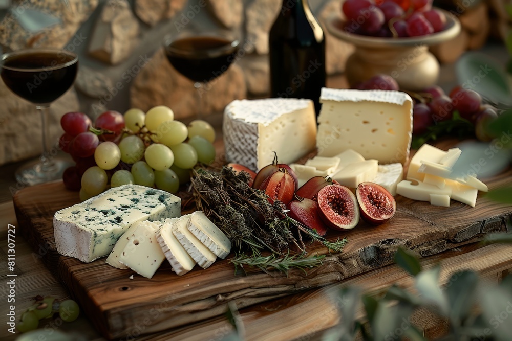 A wooden cutting board filled with a variety of cheeses, including cheddar, brie, and gouda, A rustic wood board with a variety of cheeses and fruits A wooden cutting board filled with a variety of cheeses, including cheddar, brie, and gouda, A rustic wood board with a variety of cheeses and fruits