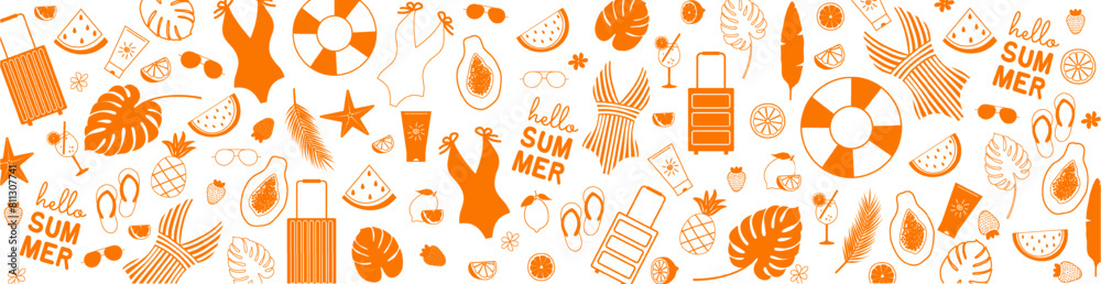 Summer background with icons of fruits, swimsuits, sunglasses, spf. Beach theme. Banner design template for shopping sale, promo poster, web and social media. Vector illustration in orange color Summer background with icons of fruits, swimsuits, sunglasses, spf. Beach theme. Banner design template for shopping sale, promo poster, web and social media. Vector illustration in orange color