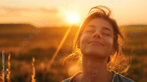 Mulher respirando fundo no campo ao por do sol - wallpaper HD photo