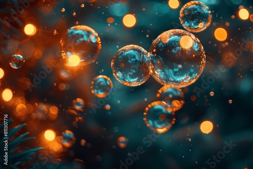 Soap bubbles float in front of a teal background dotted with bokeh lights, creating a chilly but magical atmosphere