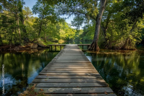 A wooden bridge extends over a river surrounded by trees, A rustic wooden dock stretching out into a peaceful river