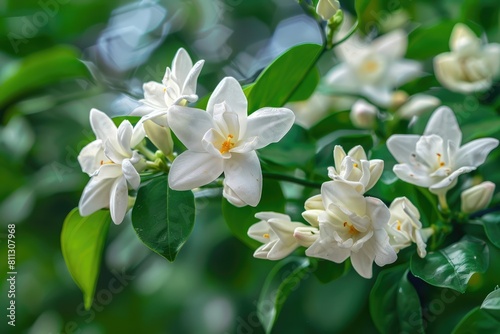 Closeup of Blooming White Flowers on Trachelospermum jasminoides Liana, Fragrant Scented Vine Plant photo