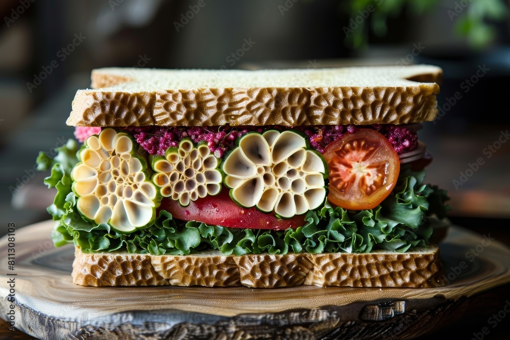 A detailed view of a sandwich on a plate, showcasing its ingredients and presentation, A sandwich inspired by patterns found in nature A detailed view of a sandwich on a plate, showcasing its ingredients and presentation, A sandwich inspired by patterns found in nature
