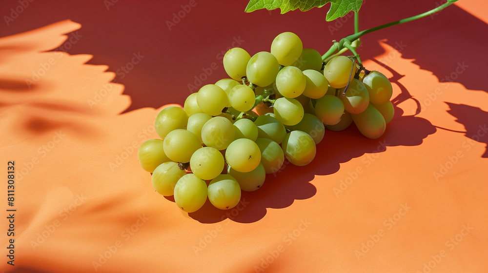 Fototapeta premium A bunch of crisp green grapes showcased on an orange background, captured in a contemporary photography style. The vibrant green hues of the grapes complement the warm tones of the backdrop